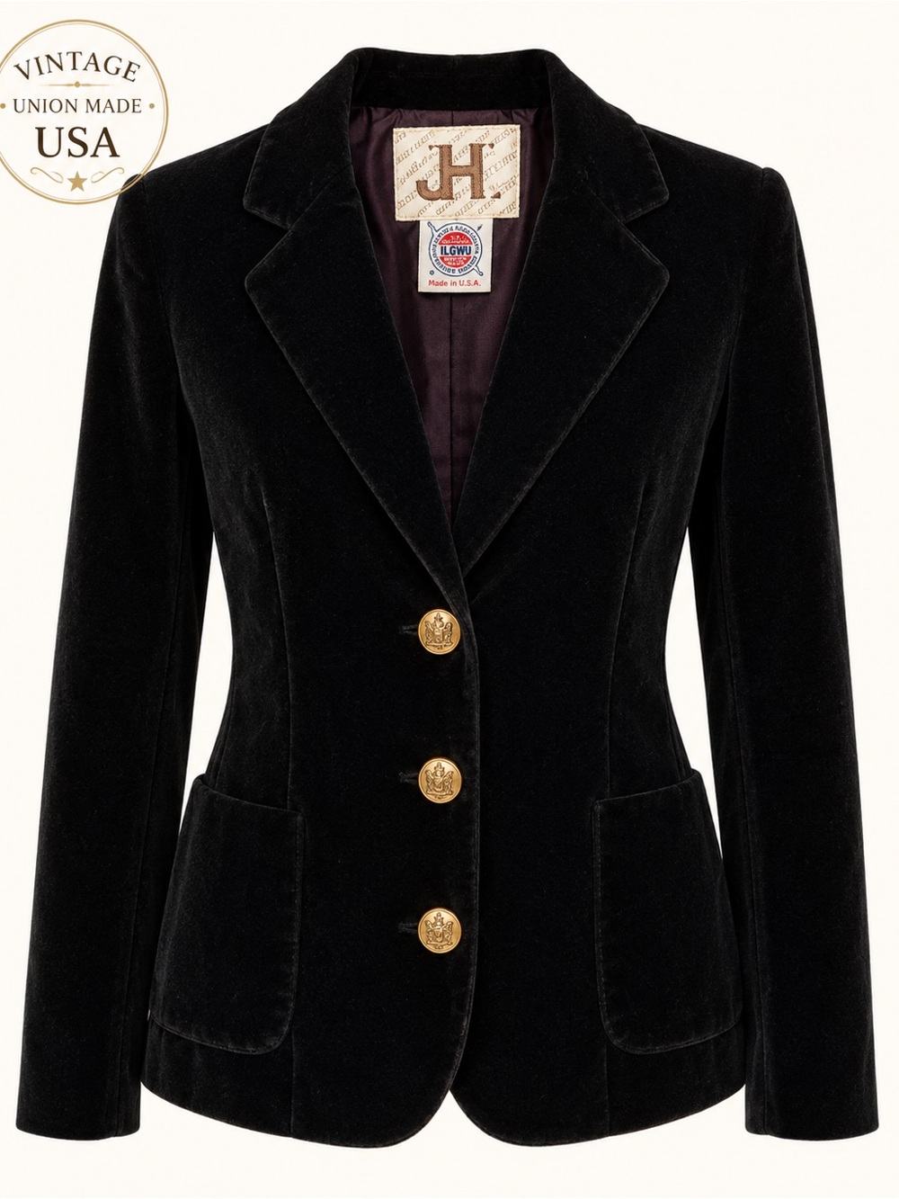 Vintage JH Black Velvet Blazer ILGWU USA Gold Crest Buttons Size 8/9